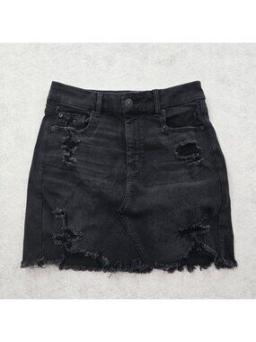 American Eagle Curvy Hi-Rise Mini Jean Skirt 10 Black Stretch Denim Distressed